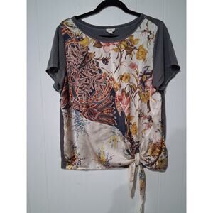 Tiny Brand Mixed Media Floral Blouse Top Gray Sleeves Back Size L Boho Style